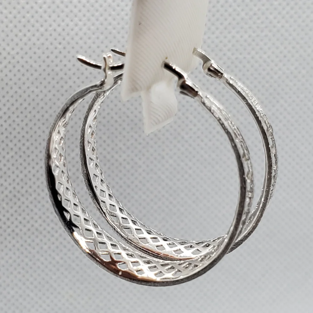 Sterling Silver 925 Rhodium Plated Diamond Cut Snap-On Hoop Earring